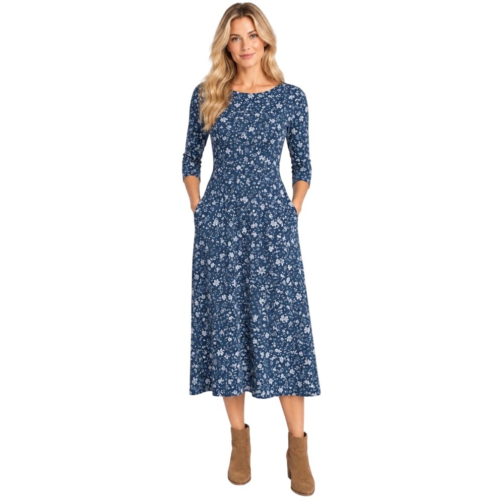 Pact Organic Cotton Midi Dress Blue Floral Fit Flare Criss Cross Back Pockets M